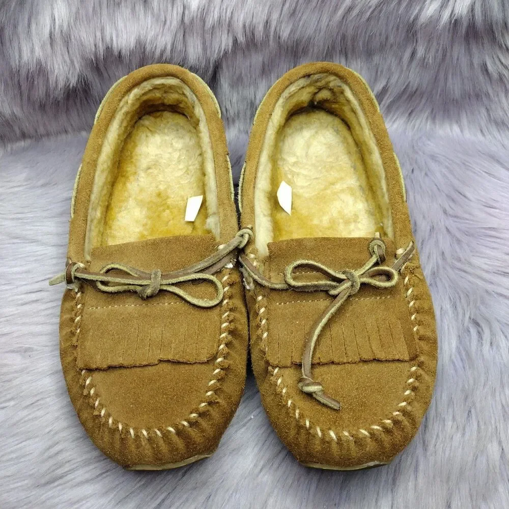 LL Bean Tan Suede Shearling Lined Moccasin Slippers Womens Size 8 293108 #1 - Picture 1 of 6
